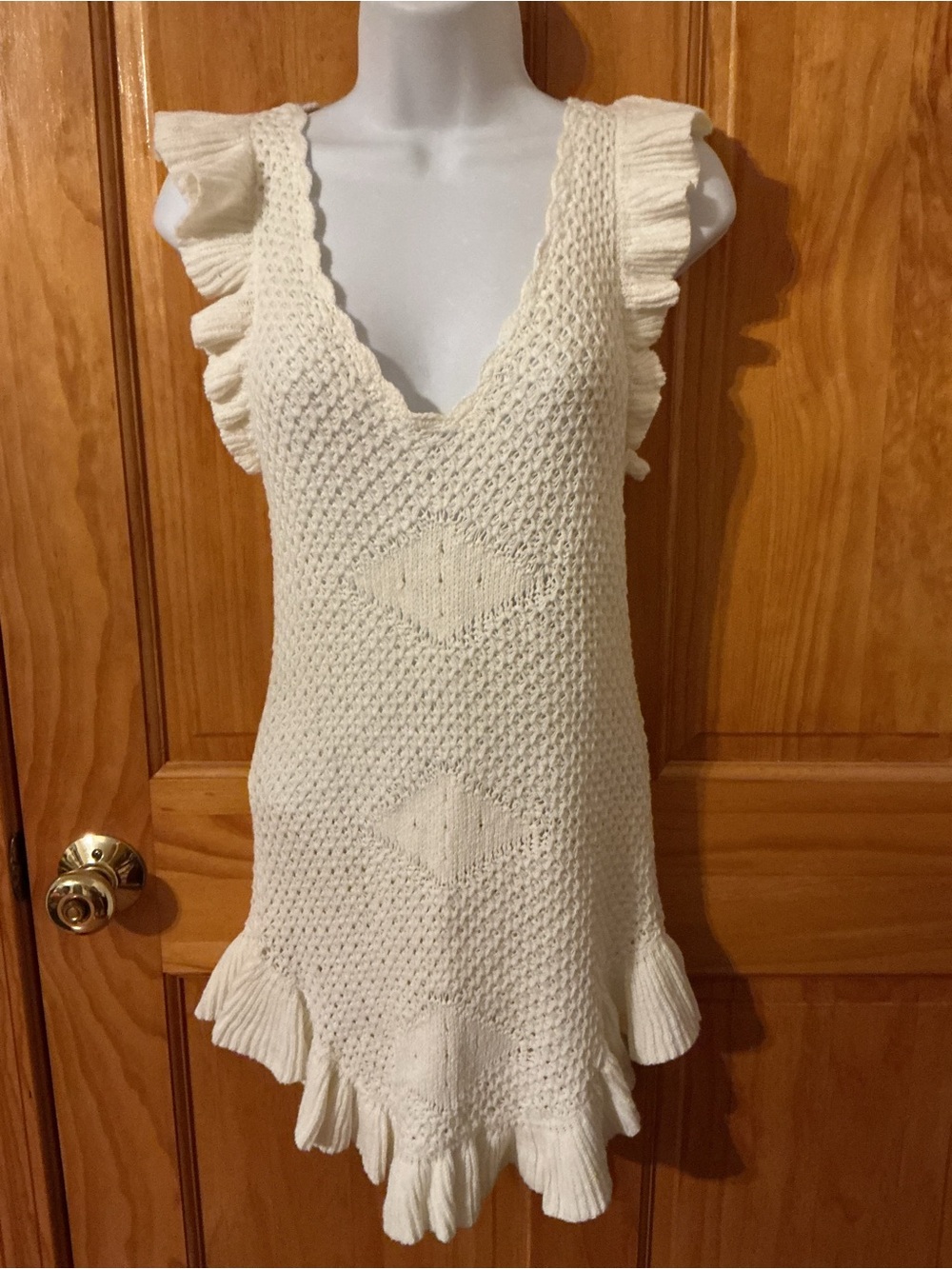 Free People Cream Knit Ruffle Mini Dress